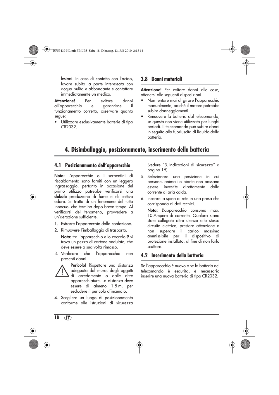 8 danni materiali, 1 posizionamento dell’apparecchio, 2 inserimento della batteria | Silvercrest SHLF 2000 A1 User Manual | Page 20 / 58