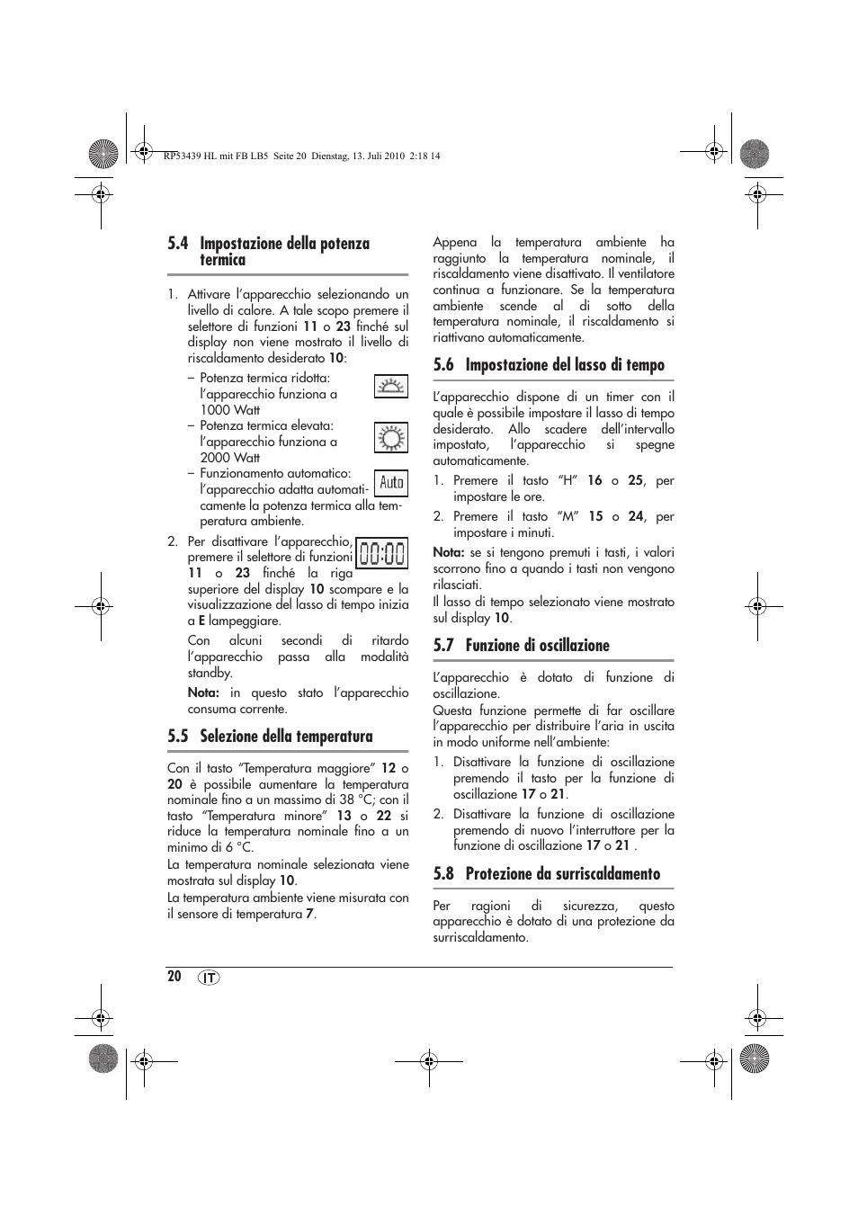 4 impostazione della potenza termica, 5 selezione della temperatura, 6 impostazione del lasso di tempo | 7 funzione di oscillazione, 8 protezione da surriscaldamento | Silvercrest SHLF 2000 A1 User Manual | Page 22 / 58