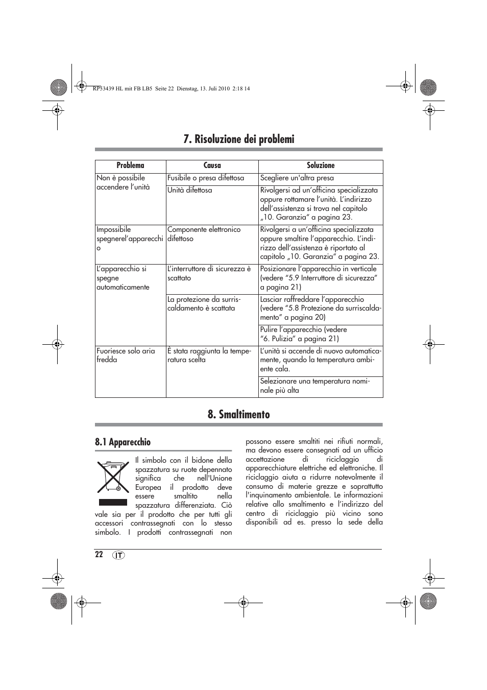 Risoluzione dei problemi 8. smaltimento, 1 apparecchio | Silvercrest SHLF 2000 A1 User Manual | Page 24 / 58