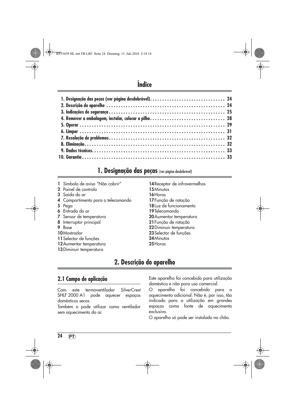 Índice, Designação das peças, Descrição do aparelho | 1 campo de aplicação | Silvercrest SHLF 2000 A1 User Manual | Page 26 / 58