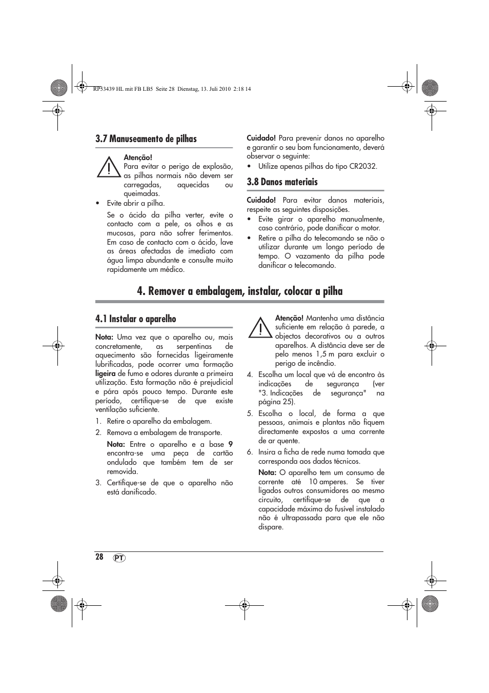 Remover a embalagem, instalar, colocar a pilha, 7 manuseamento de pilhas, 8 danos materiais | 1 instalar o aparelho | Silvercrest SHLF 2000 A1 User Manual | Page 30 / 58