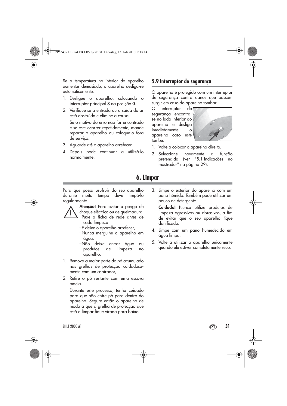 Limpar, 9 interruptor de segurança | Silvercrest SHLF 2000 A1 User Manual | Page 33 / 58