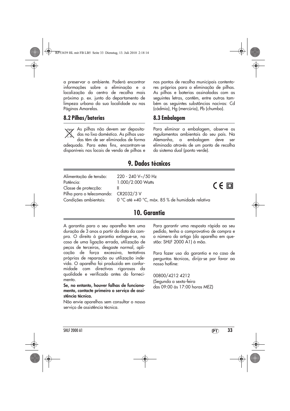 Dados técnicos, Garantia, 2 pilhas/baterias | 3 embalagem | Silvercrest SHLF 2000 A1 User Manual | Page 35 / 58