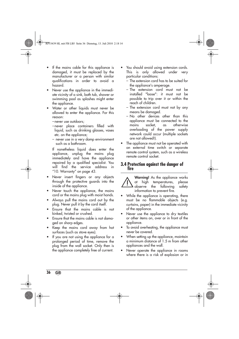 4 protection against the danger of ﬁre | Silvercrest SHLF 2000 A1 User Manual | Page 38 / 58