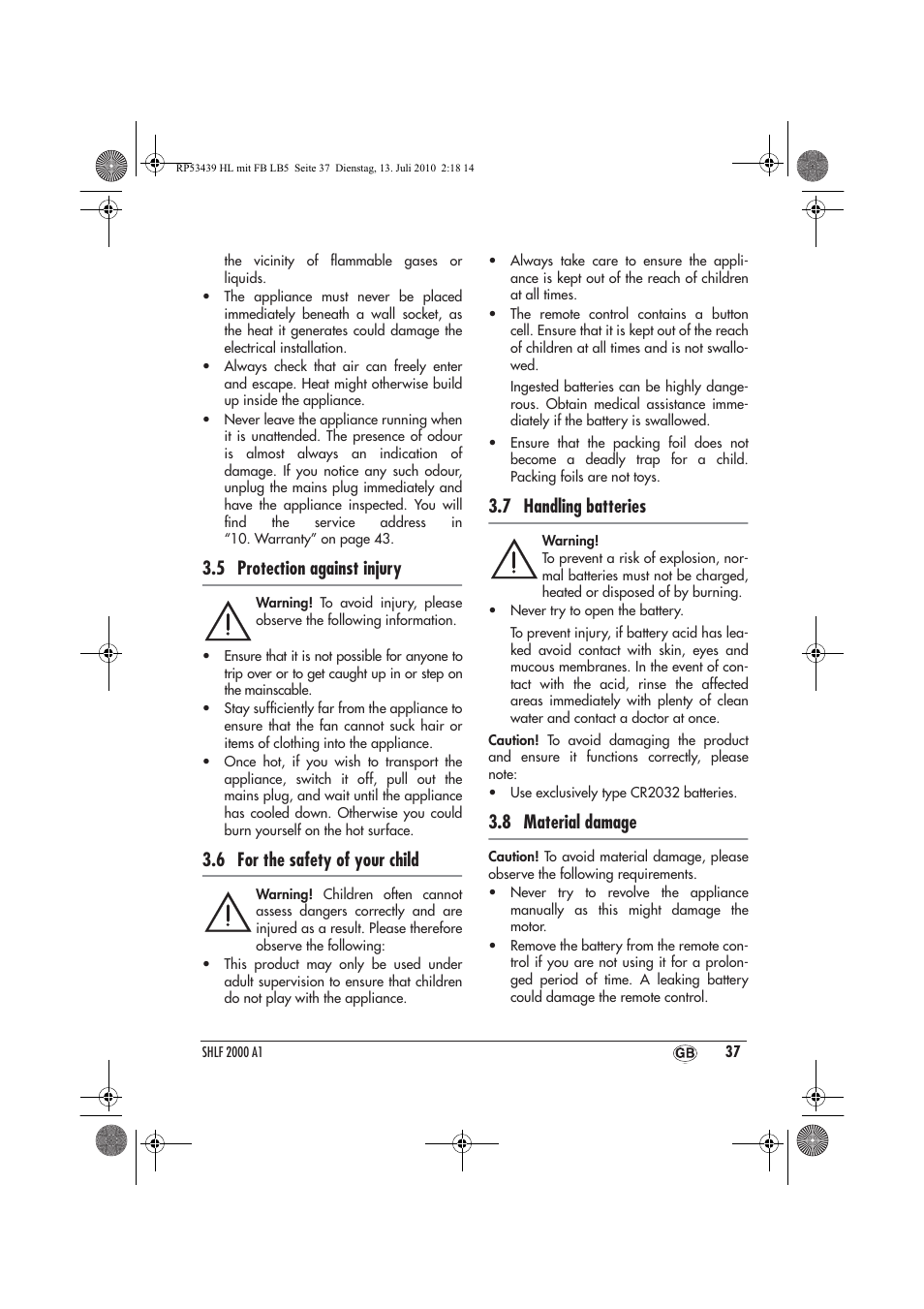 5 protection against injury, 6 for the safety of your child, 7 handling batteries | 8 material damage | Silvercrest SHLF 2000 A1 User Manual | Page 39 / 58