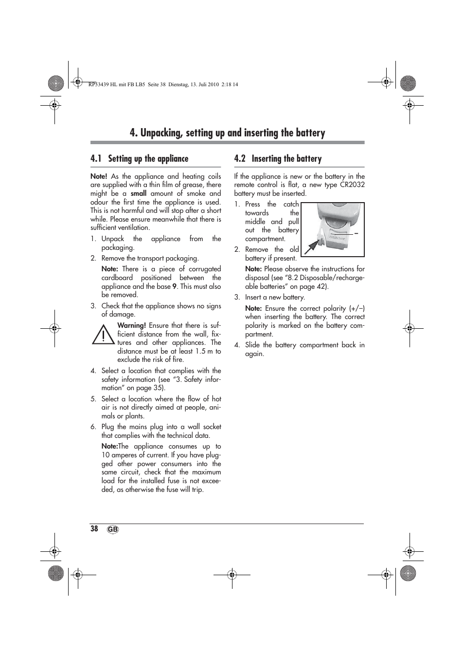 Unpacking, setting up and inserting the battery, 1 setting up the appliance, 2 inserting the battery | Silvercrest SHLF 2000 A1 User Manual | Page 40 / 58