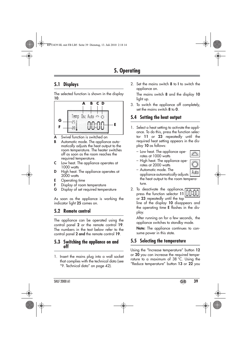 Operating, 1 displays, 2 remote control | 3 switching the appliance on and off, 4 setting the heat output, 5 selecting the temperature | Silvercrest SHLF 2000 A1 User Manual | Page 41 / 58