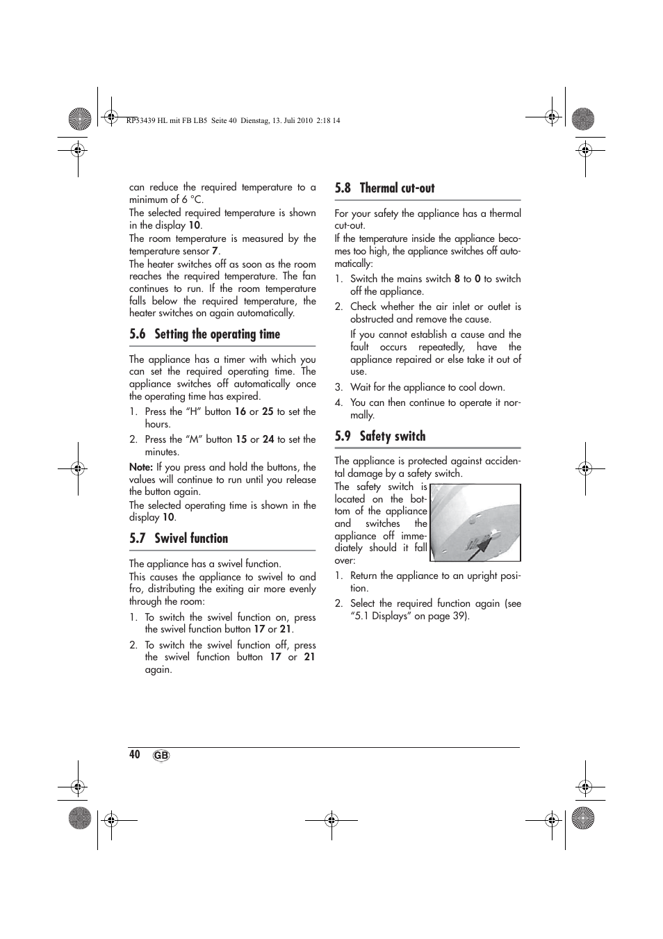 6 setting the operating time, 7 swivel function, 8 thermal cut-out | 9 safety switch | Silvercrest SHLF 2000 A1 User Manual | Page 42 / 58