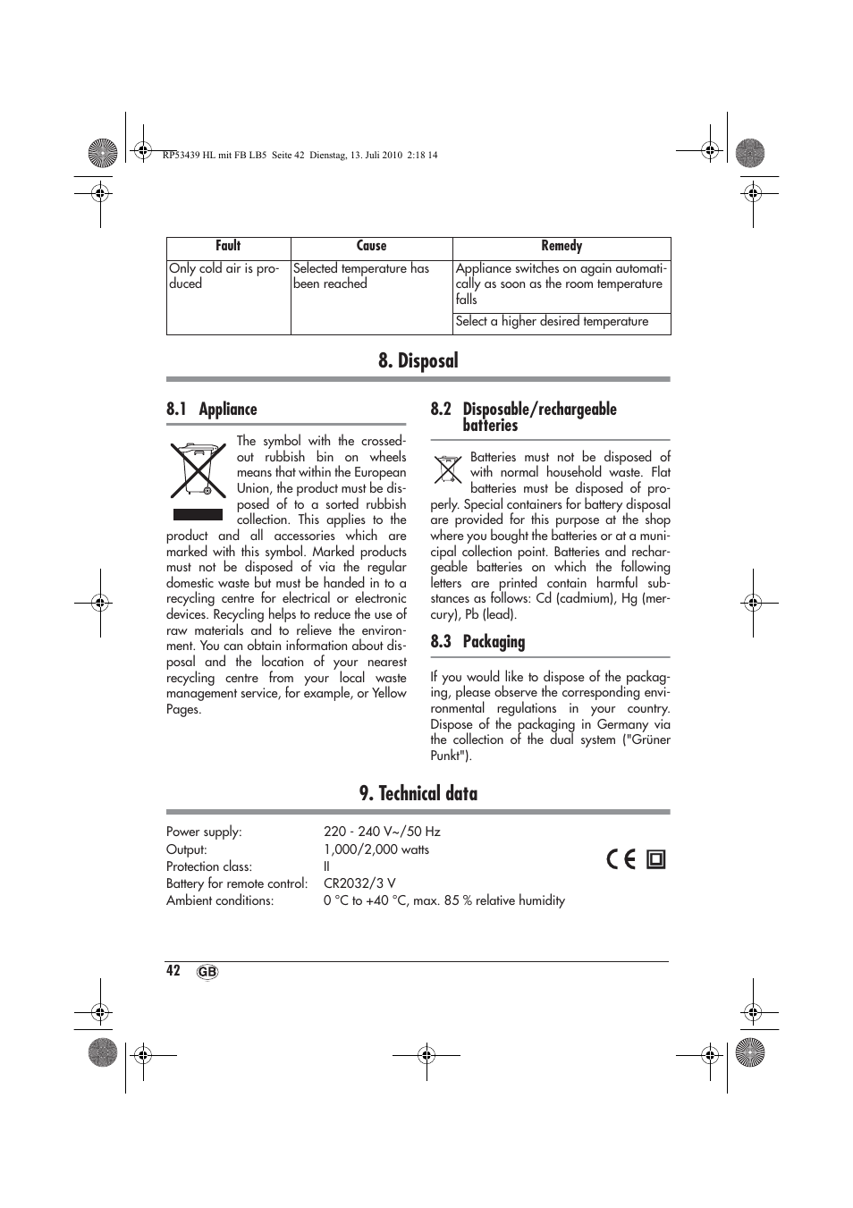 Disposal, Technical data, 1 appliance | 2 disposable/rechargeable batteries, 3 packaging | Silvercrest SHLF 2000 A1 User Manual | Page 44 / 58