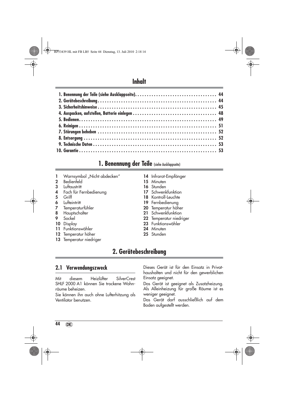 Inhalt, Benennung der teile, Gerätebeschreibung | 1 verwendungszweck | Silvercrest SHLF 2000 A1 User Manual | Page 46 / 58