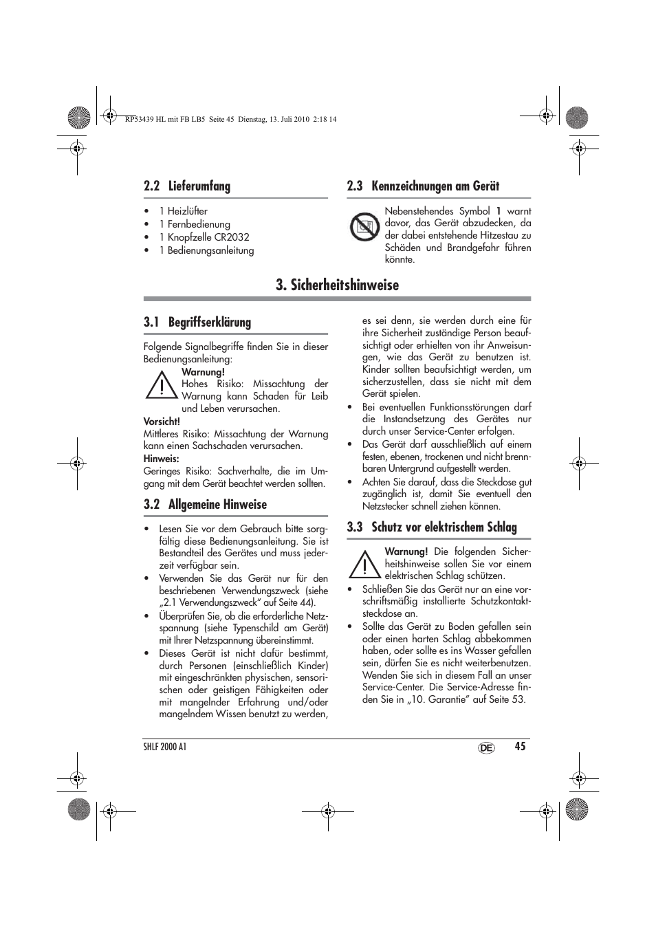 Sicherheitshinweise, 2 lieferumfang, 3 kennzeichnungen am gerät | 1 begriffserklärung, 2 allgemeine hinweise, 3 schutz vor elektrischem schlag | Silvercrest SHLF 2000 A1 User Manual | Page 47 / 58