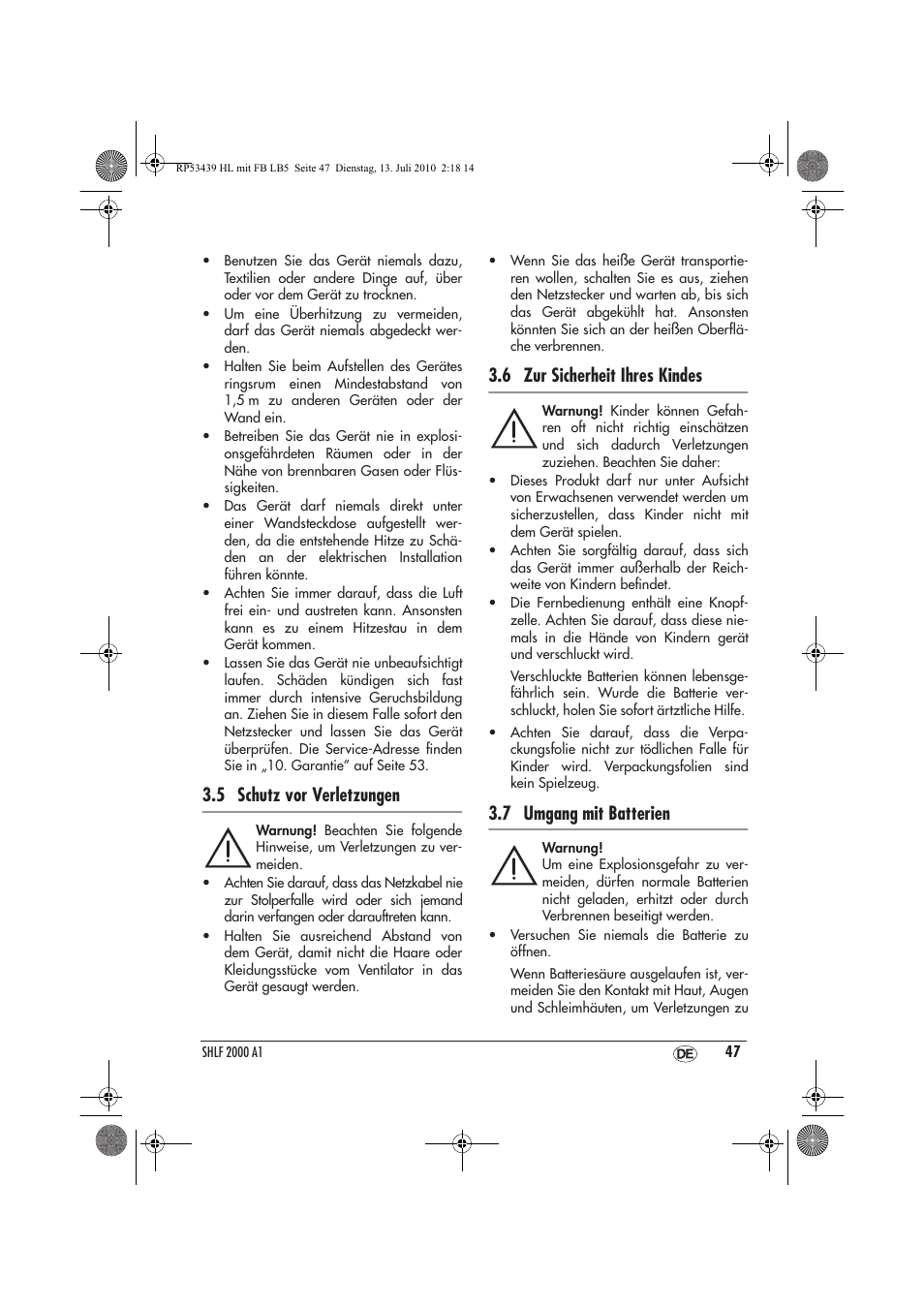 5 schutz vor verletzungen, 6 zur sicherheit ihres kindes, 7 umgang mit batterien | Silvercrest SHLF 2000 A1 User Manual | Page 49 / 58