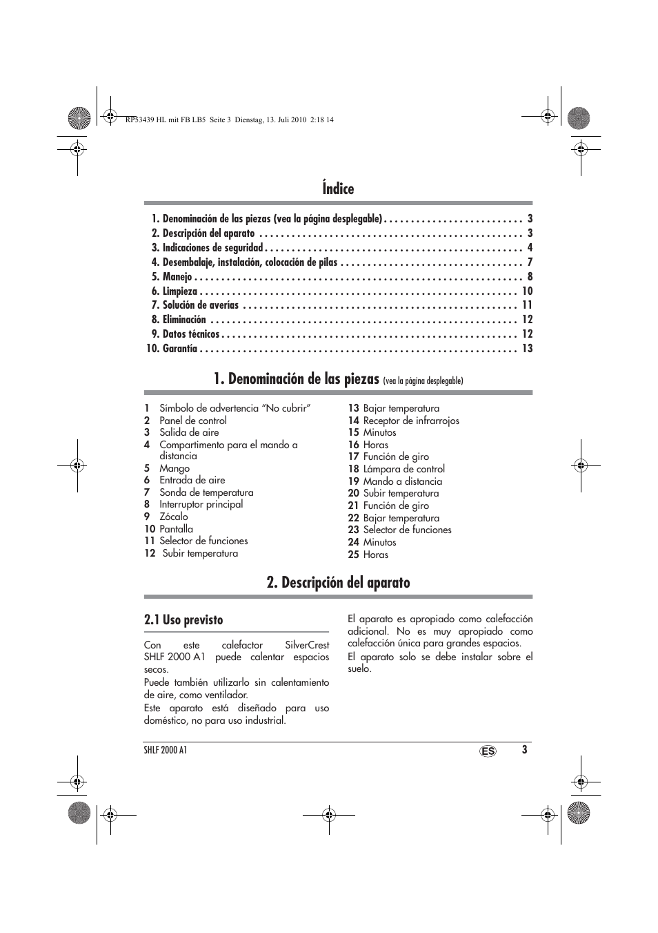 Índice, Denominación de las piezas, Descripción del aparato | 1 uso previsto | Silvercrest SHLF 2000 A1 User Manual | Page 5 / 58