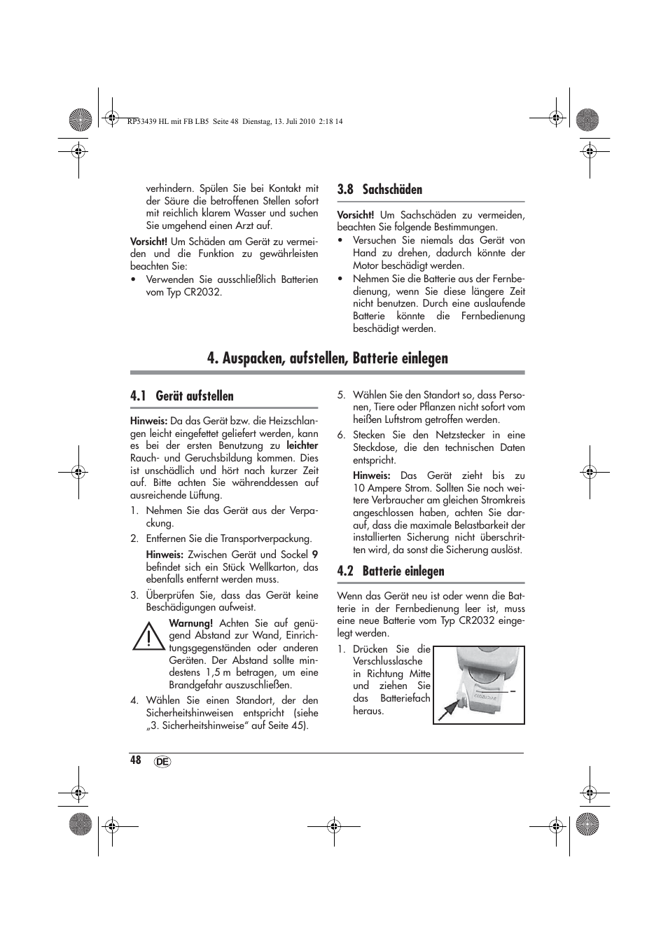 Auspacken, aufstellen, batterie einlegen, 8 sachschäden, 1 gerät aufstellen | 2 batterie einlegen | Silvercrest SHLF 2000 A1 User Manual | Page 50 / 58