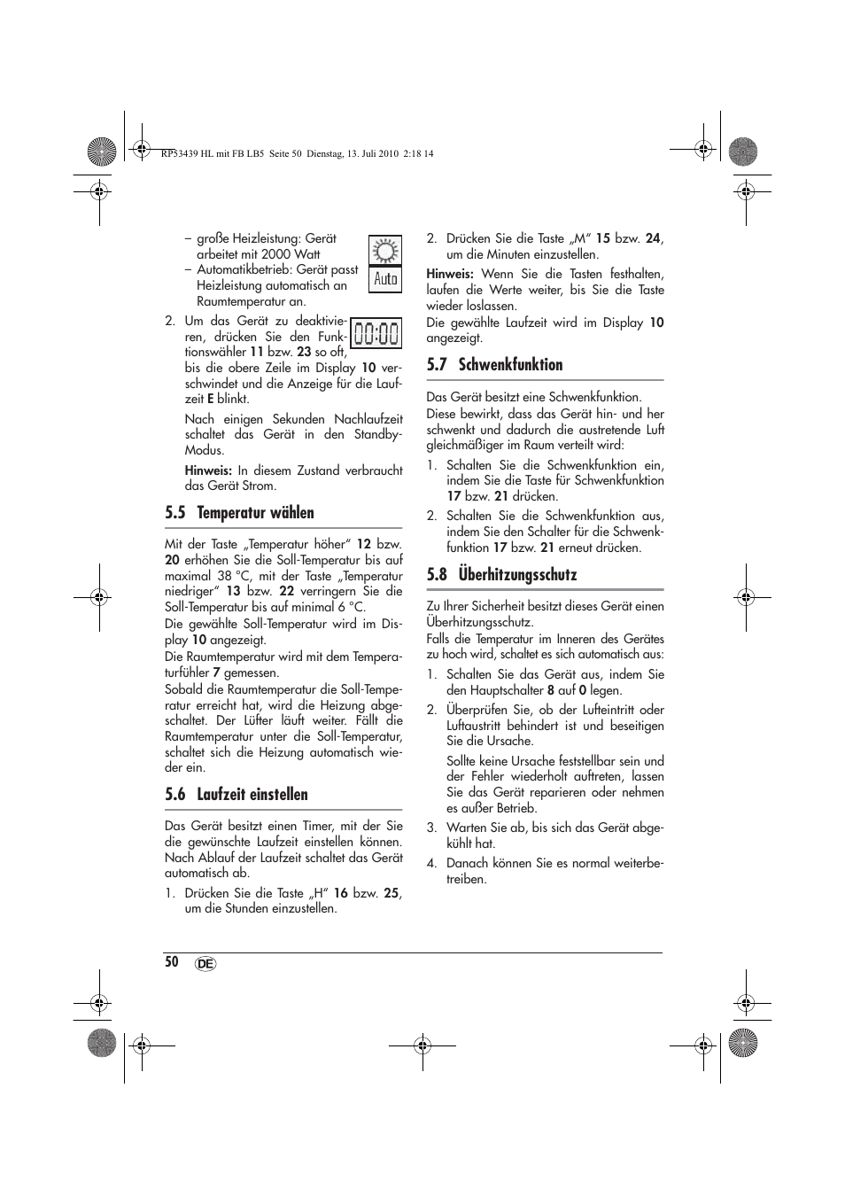 5 temperatur wählen, 6 laufzeit einstellen, 7 schwenkfunktion | 8 überhitzungsschutz | Silvercrest SHLF 2000 A1 User Manual | Page 52 / 58