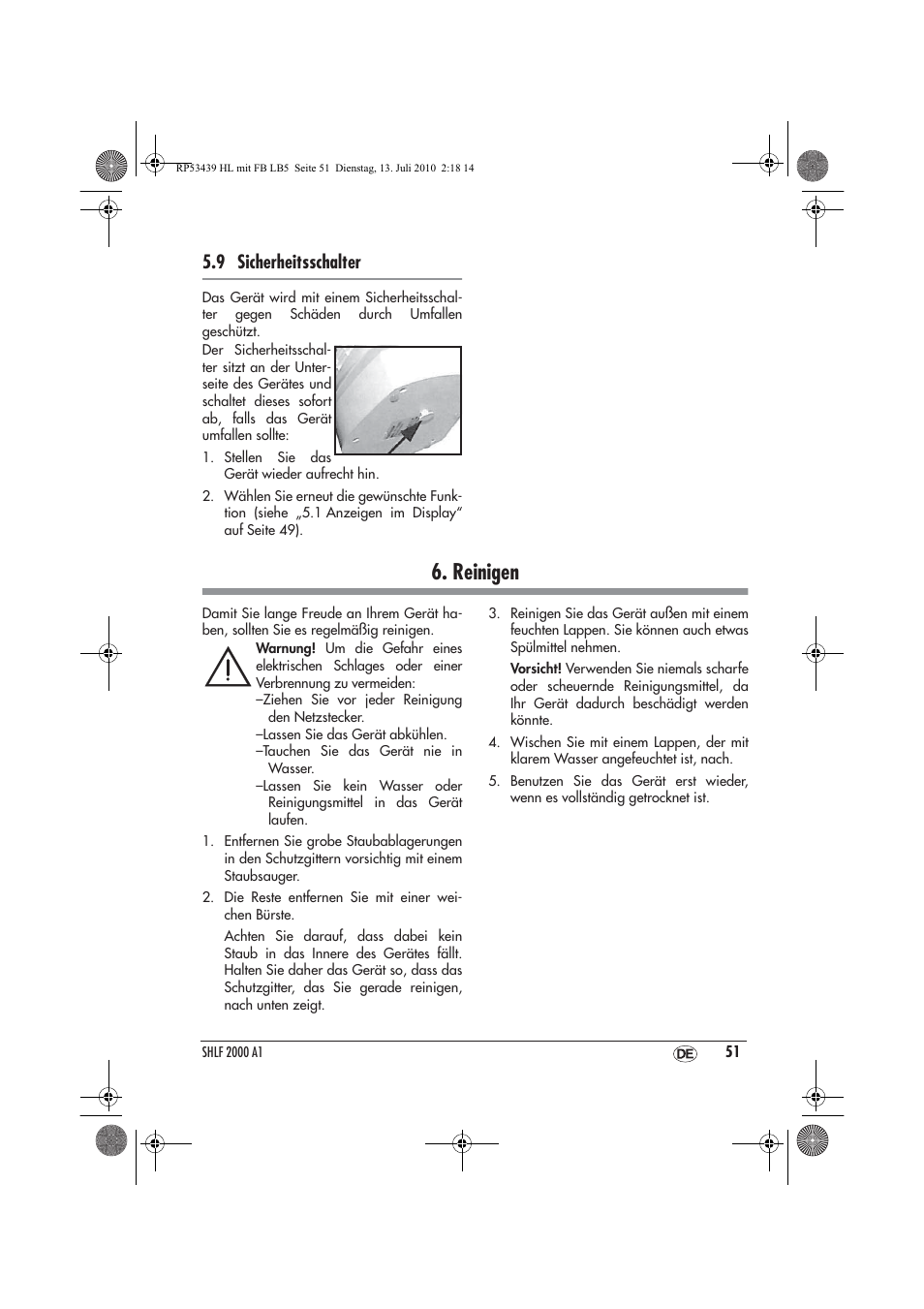 Reinigen, 9 sicherheitsschalter | Silvercrest SHLF 2000 A1 User Manual | Page 53 / 58