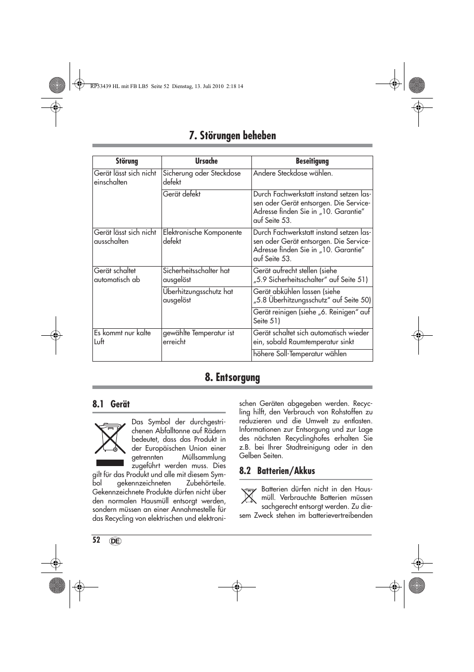 Störungen beheben 8. entsorgung, 1 gerät, 2 batterien/akkus | Silvercrest SHLF 2000 A1 User Manual | Page 54 / 58