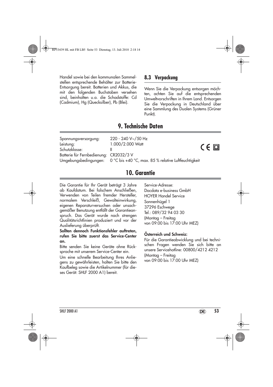 Technische daten, Garantie, 3 verpackung | Silvercrest SHLF 2000 A1 User Manual | Page 55 / 58