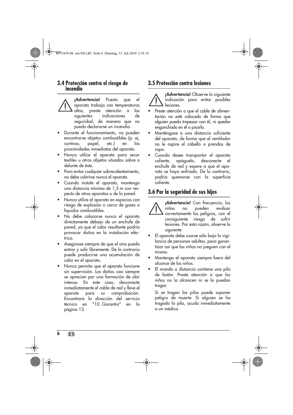 4 protección contra el riesgo de incendio, 5 protección contra lesiones, 6 por la seguridad de sus hijos | Silvercrest SHLF 2000 A1 User Manual | Page 8 / 58