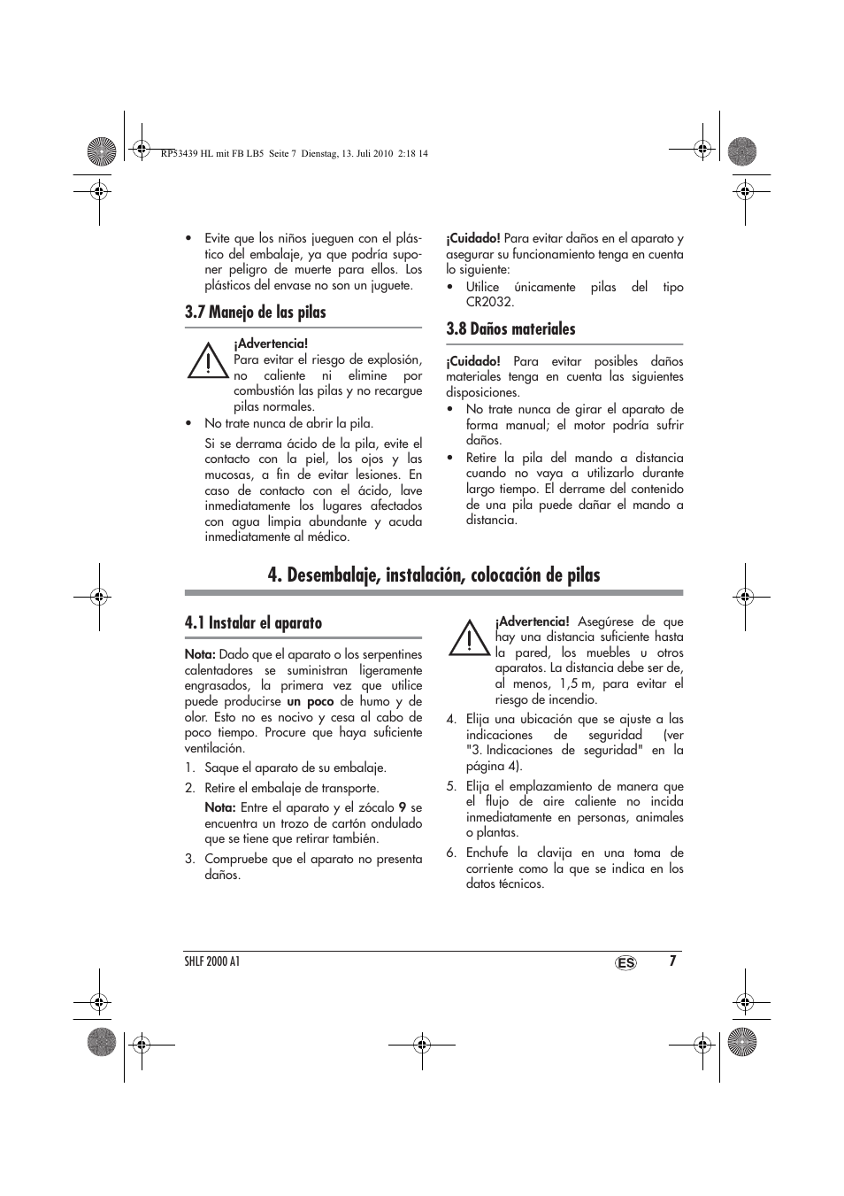 Desembalaje, instalación, colocación de pilas, 7 manejo de las pilas, 8 daños materiales | 1 instalar el aparato | Silvercrest SHLF 2000 A1 User Manual | Page 9 / 58