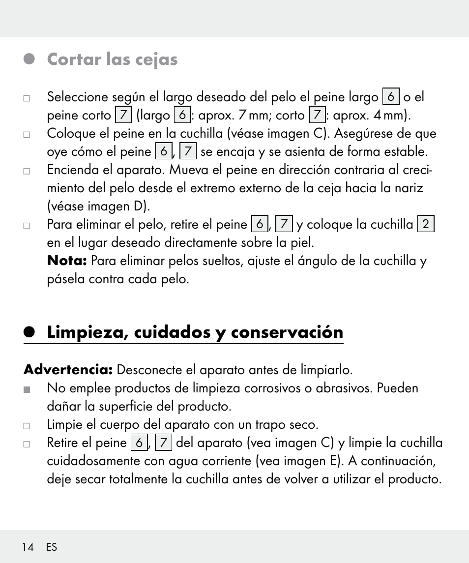 Cortar las cejas, Limpieza, cuidados y conservación | Silvercrest Z31635 User Manual | Page 14 / 71