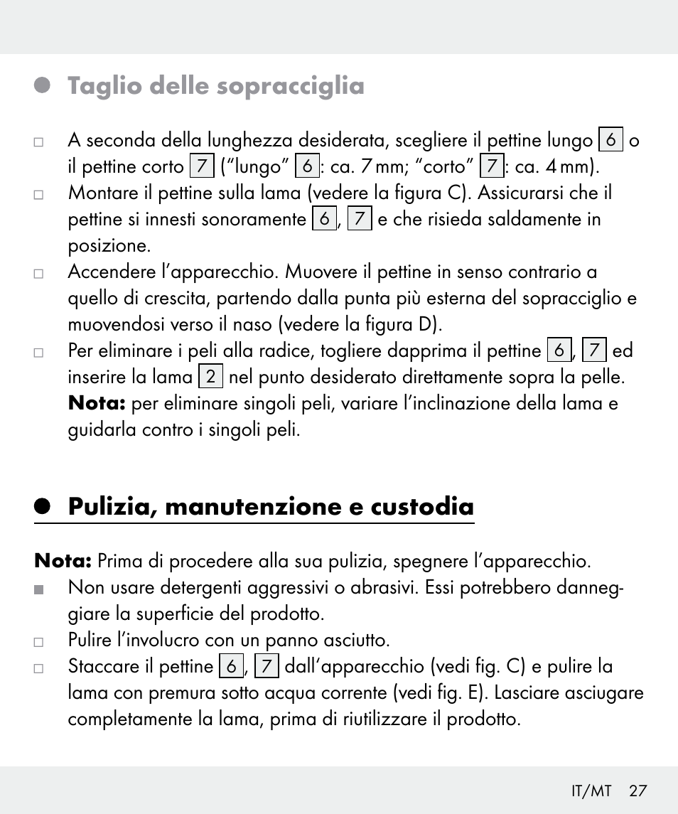 Taglio delle sopracciglia, Pulizia, manutenzione e custodia | Silvercrest Z31635 User Manual | Page 27 / 71