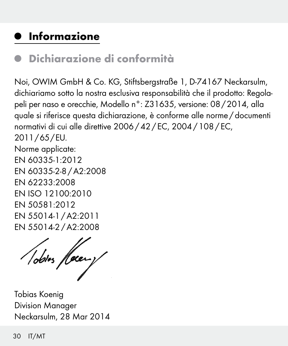 Informazione dichiarazione di conformità | Silvercrest Z31635 User Manual | Page 30 / 71