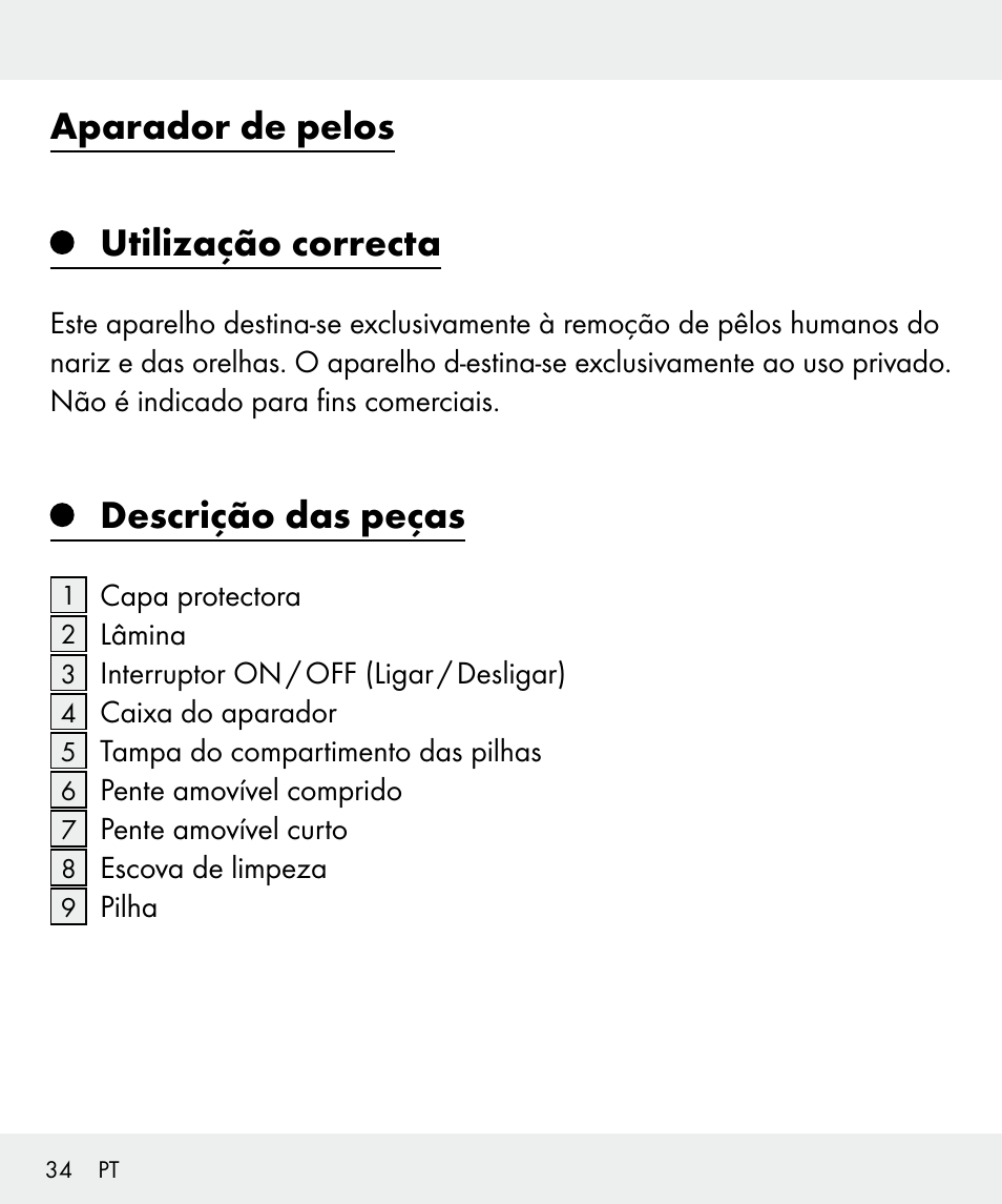 Aparador de pelos utilização correcta, Descrição das peças | Silvercrest Z31635 User Manual | Page 34 / 71