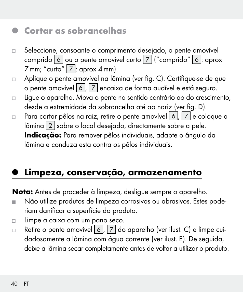 Cortar as sobrancelhas, Limpeza, conservação, armazenamento | Silvercrest Z31635 User Manual | Page 40 / 71