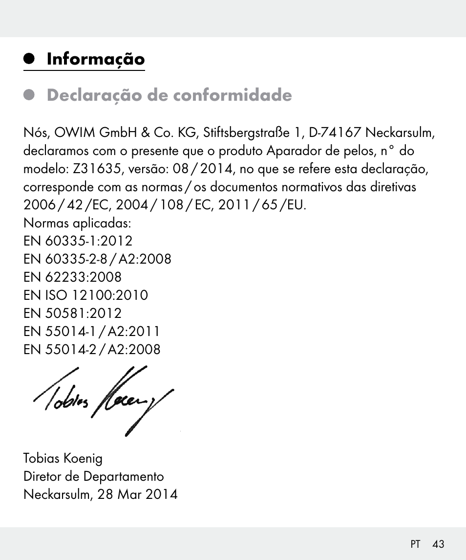 Informação declaração de conformidade | Silvercrest Z31635 User Manual | Page 43 / 71