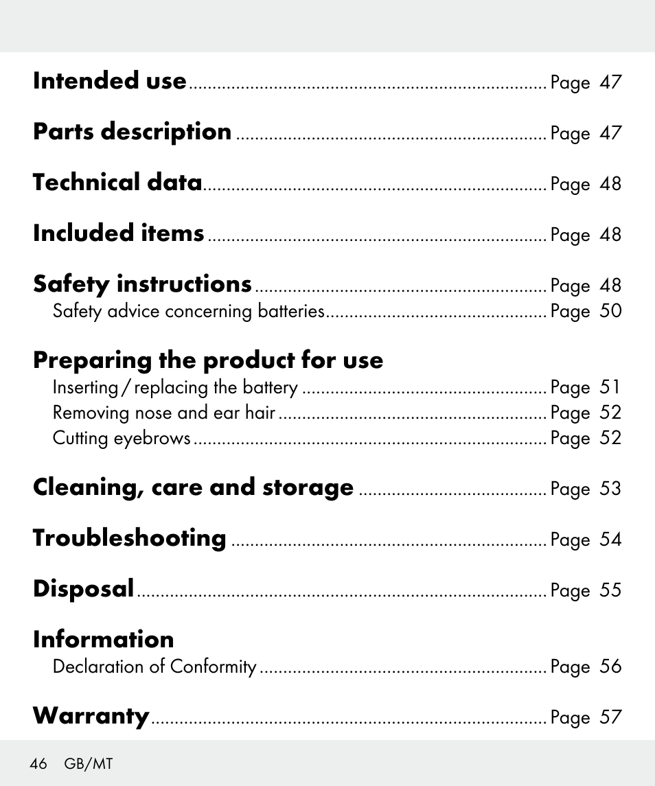 Intended use, Parts description, Technical data | Included items, Safety instructions, Preparing the product for use, Cleaning, care and storage, Troubleshooting, Disposal, Information | Silvercrest Z31635 User Manual | Page 46 / 71
