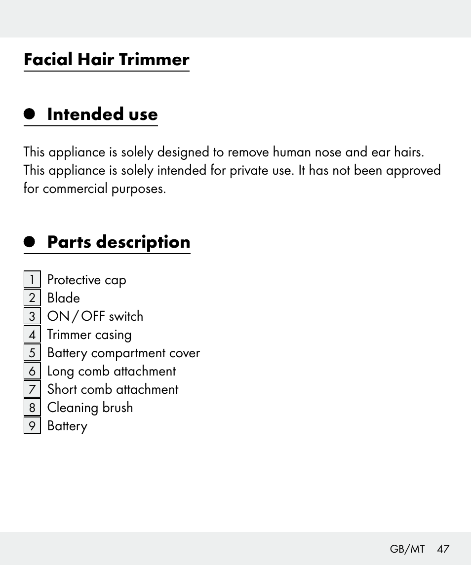 Facial hair trimmer intended use, Parts description | Silvercrest Z31635 User Manual | Page 47 / 71