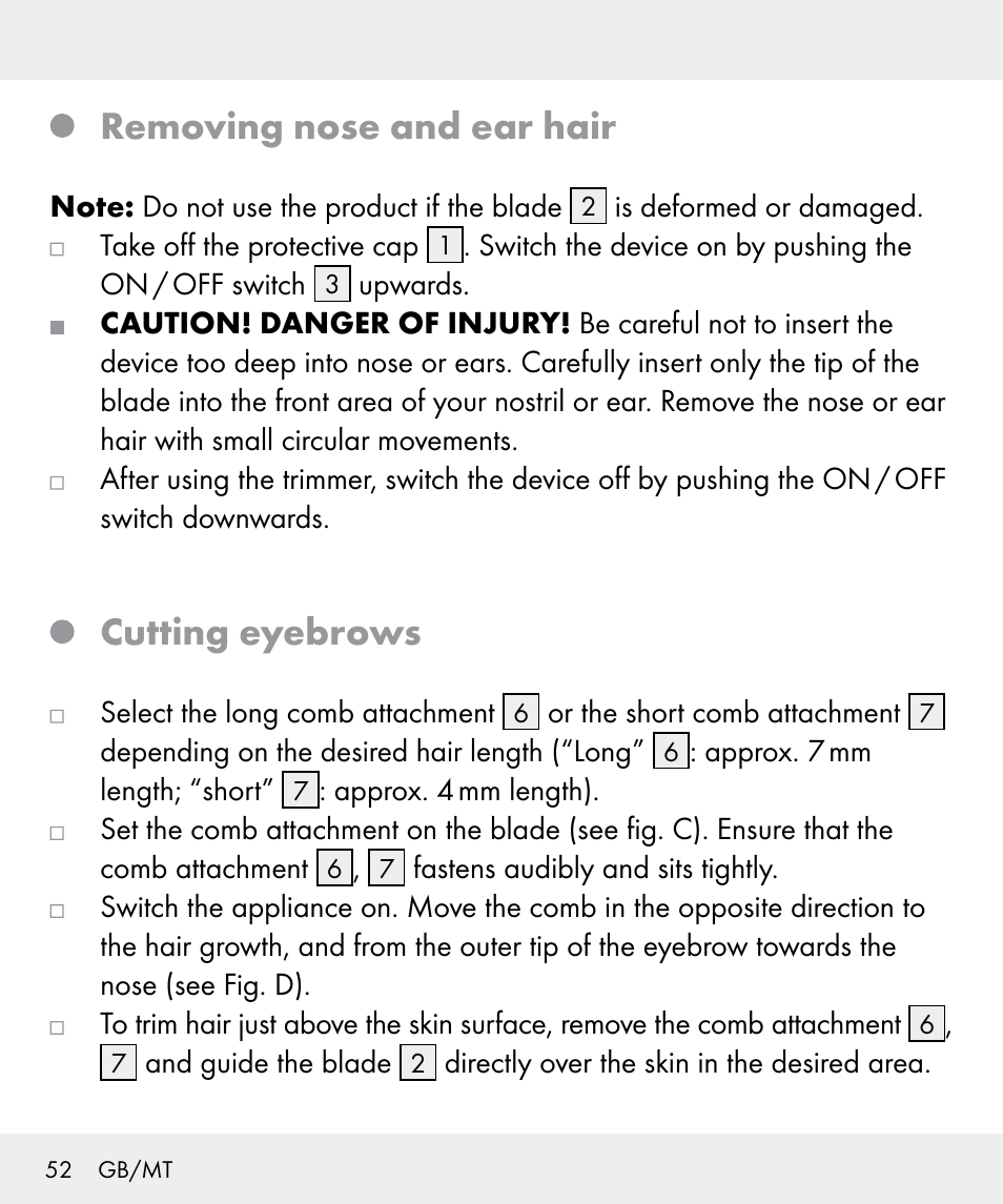Removing nose and ear hair, Cutting eyebrows | Silvercrest Z31635 User Manual | Page 52 / 71
