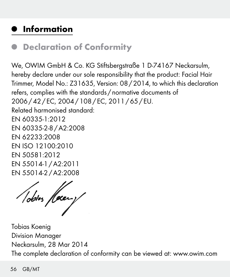 Information declaration of conformity | Silvercrest Z31635 User Manual | Page 56 / 71