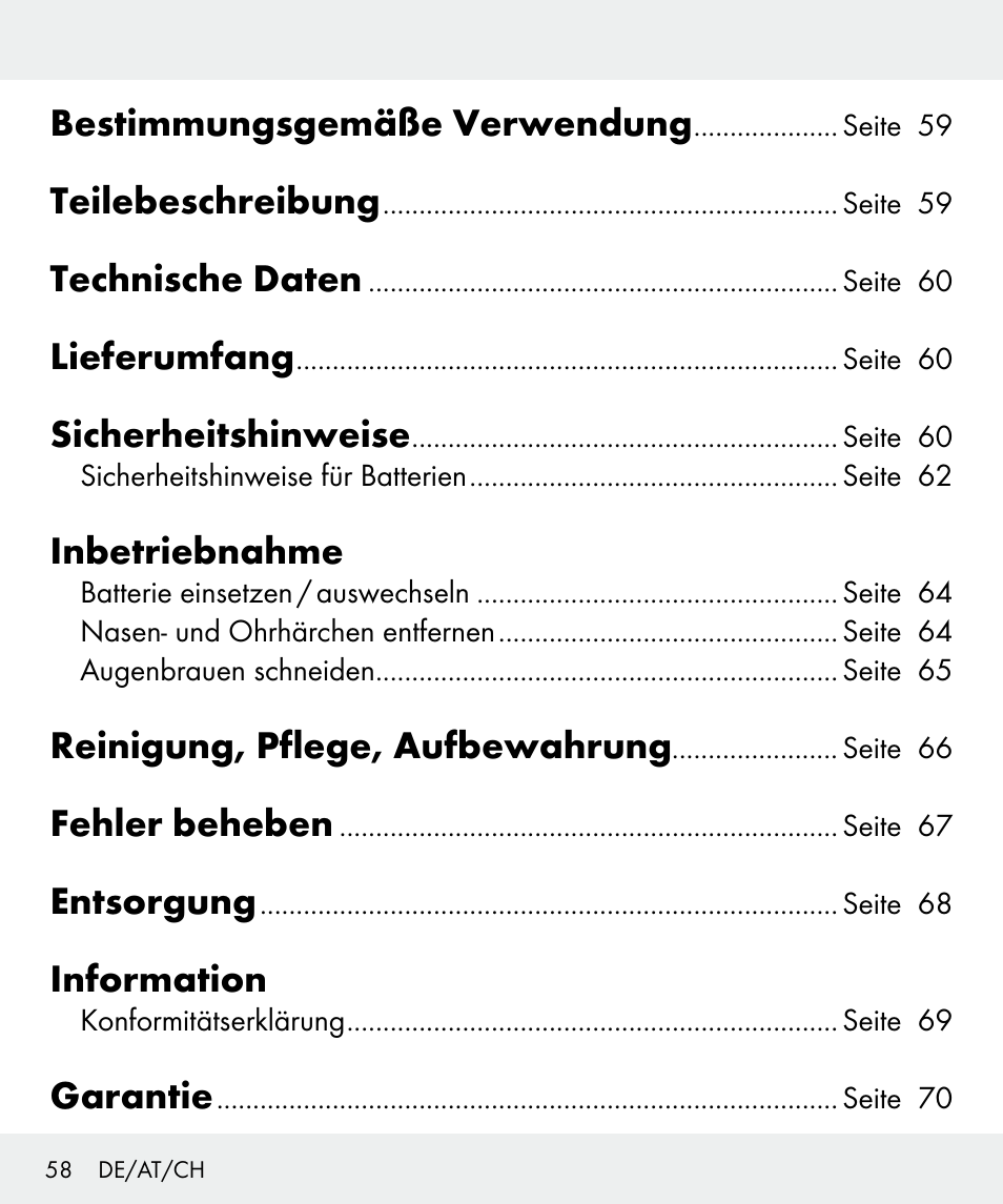 Bestimmungsgemäße verwendung, Teilebeschreibung, Technische daten | Lieferumfang, Sicherheitshinweise, Inbetriebnahme, Reinigung, pflege, aufbewahrung, Fehler beheben, Entsorgung, Information | Silvercrest Z31635 User Manual | Page 58 / 71