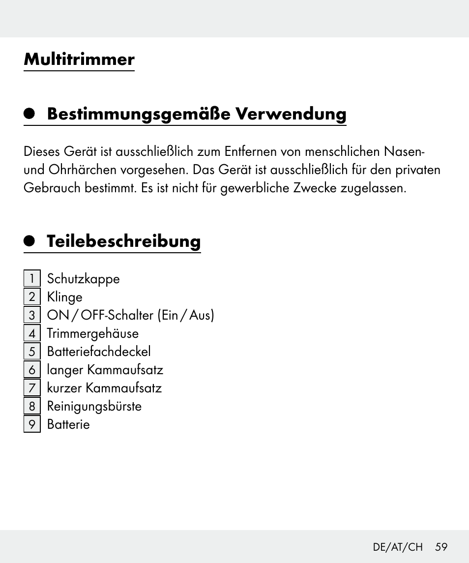 Multitrimmer bestimmungsgemäße verwendung, Teilebeschreibung | Silvercrest Z31635 User Manual | Page 59 / 71