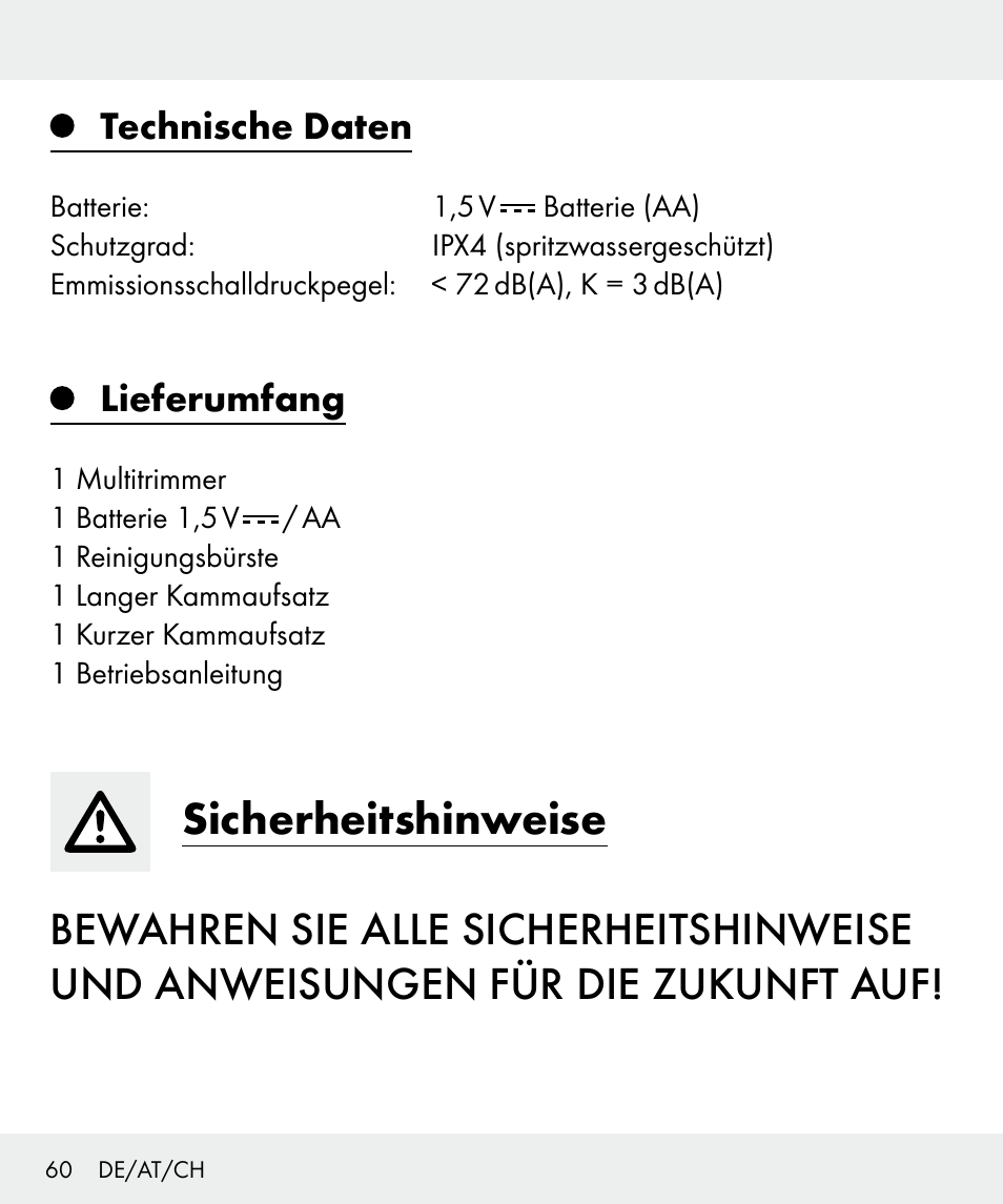 Technische daten, Lieferumfang | Silvercrest Z31635 User Manual | Page 60 / 71