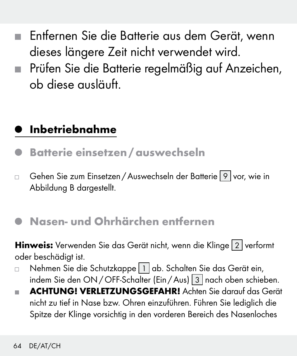 Inbetriebnahme batterie einsetzen / auswechseln, Nasen- und ohrhärchen entfernen | Silvercrest Z31635 User Manual | Page 64 / 71