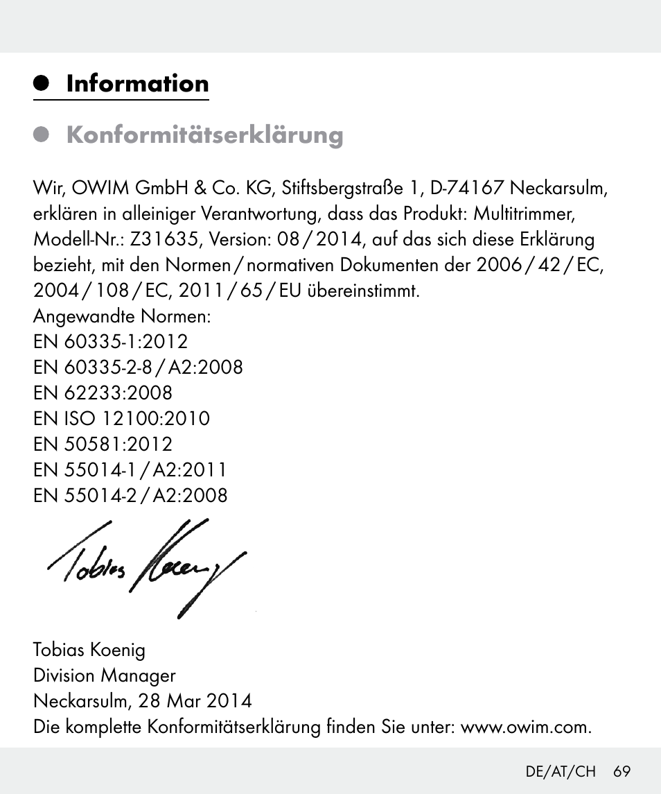Information konformitätserklärung | Silvercrest Z31635 User Manual | Page 69 / 71