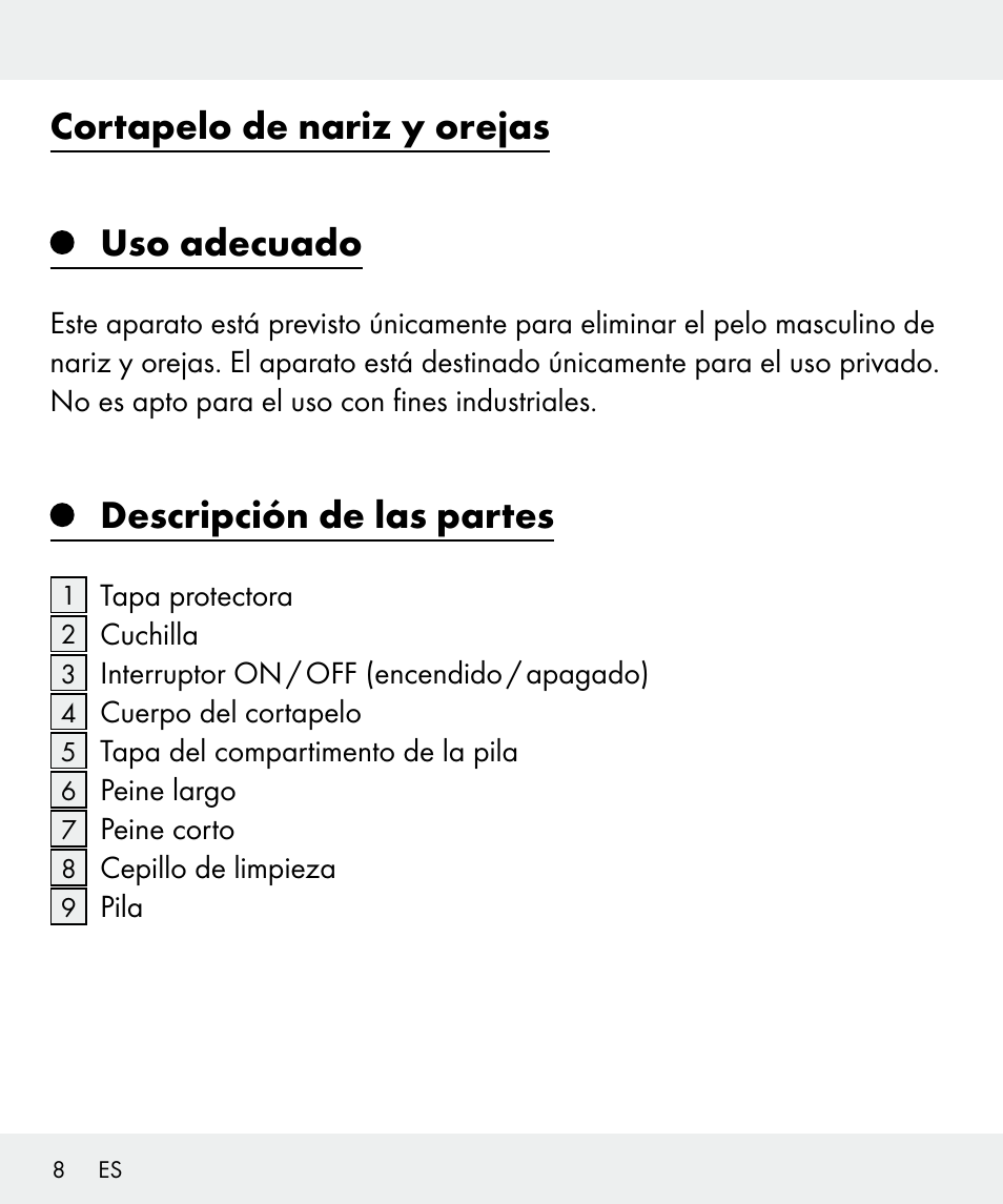 Cortapelo de nariz y orejas uso adecuado, Descripción de las partes | Silvercrest Z31635 User Manual | Page 8 / 71