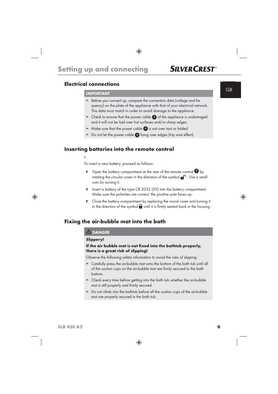 Setting up and connecting, Electrical connections, Inserting batteries into the remote control | Fixing the air-bubble mat into the bath | Silvercrest SLB 450 A2 User Manual | Page 11 / 122