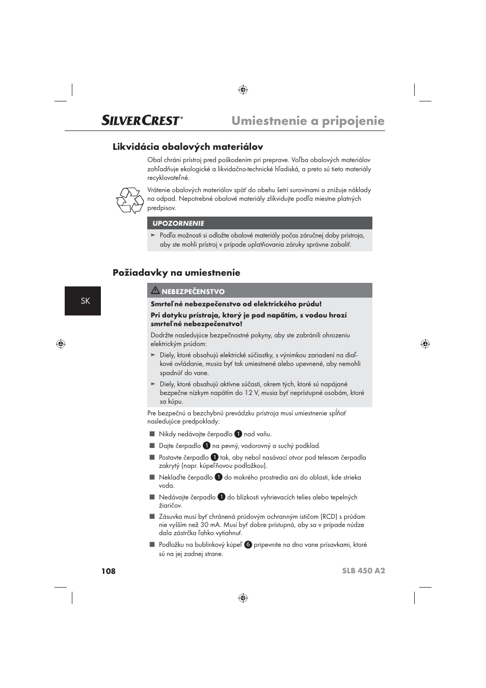 Umiestnenie a pripojenie, Likvidácia obalových materiálov, Požiadavky na umiestnenie | Silvercrest SLB 450 A2 User Manual | Page 110 / 122