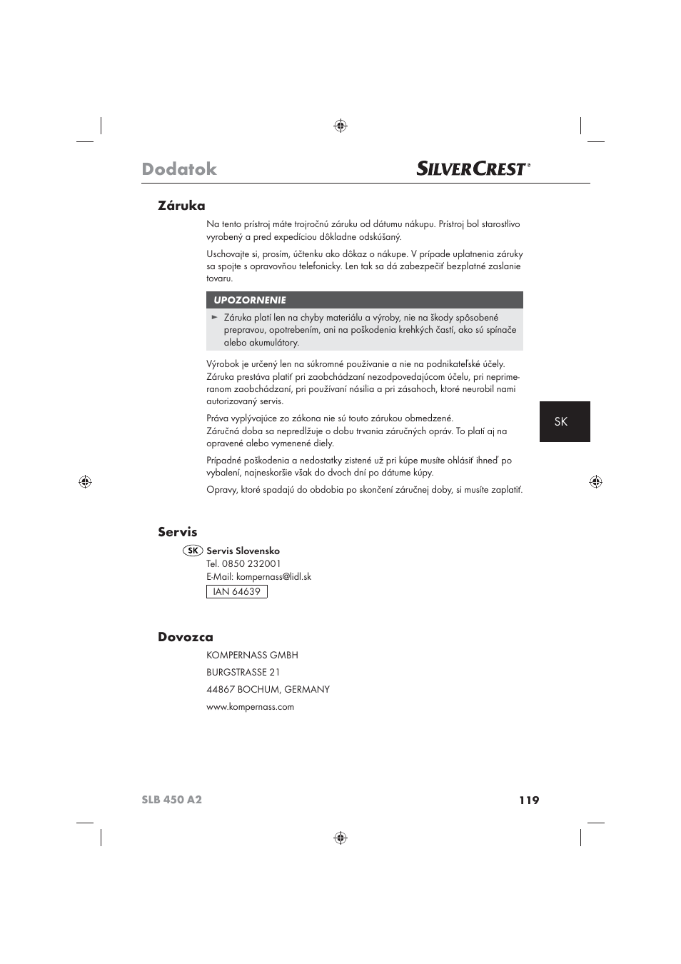Dodatok, Záruka, Servis | Dovozca | Silvercrest SLB 450 A2 User Manual | Page 121 / 122