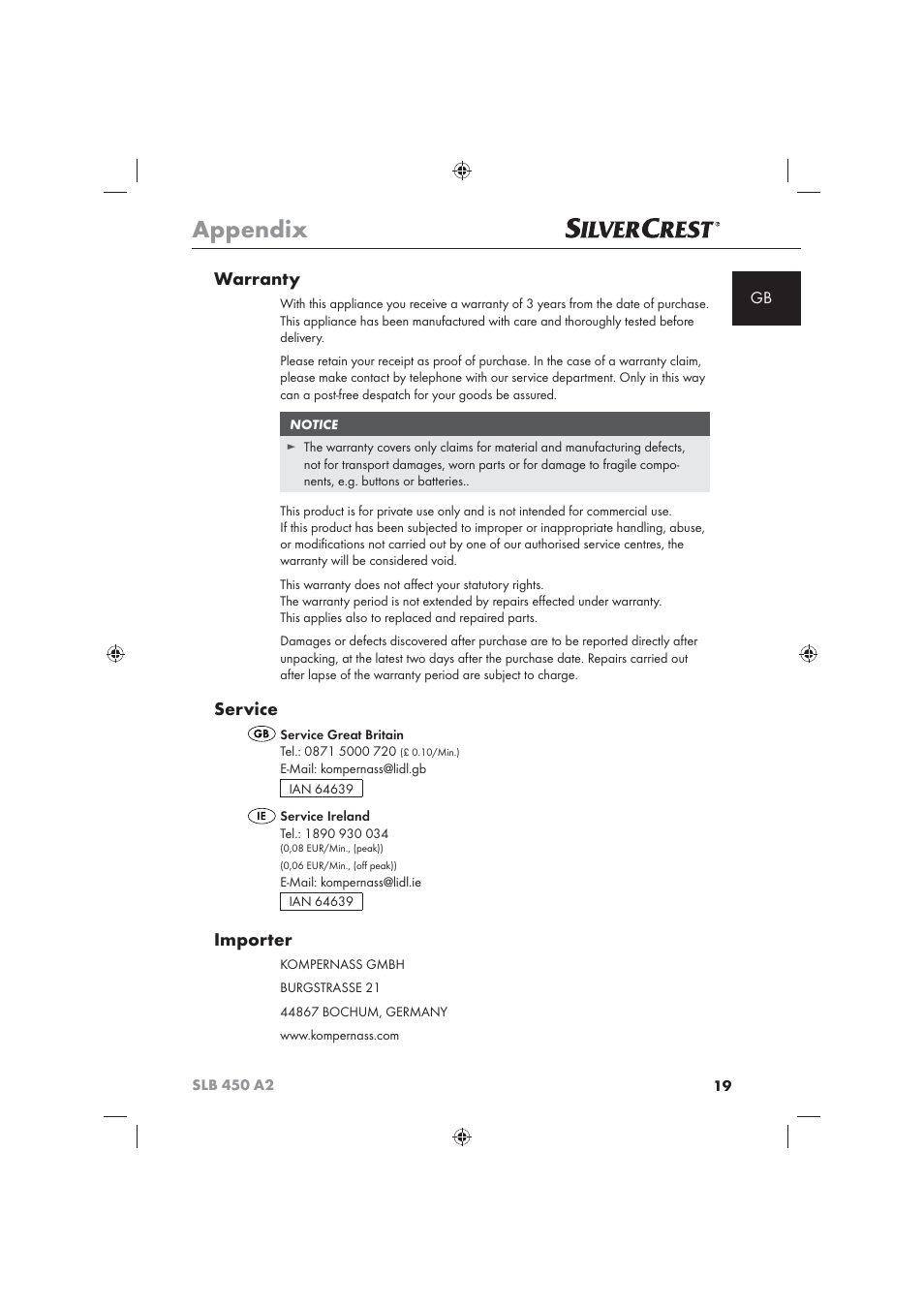 Appendix, Warranty, Service | Importer | Silvercrest SLB 450 A2 User Manual | Page 21 / 122