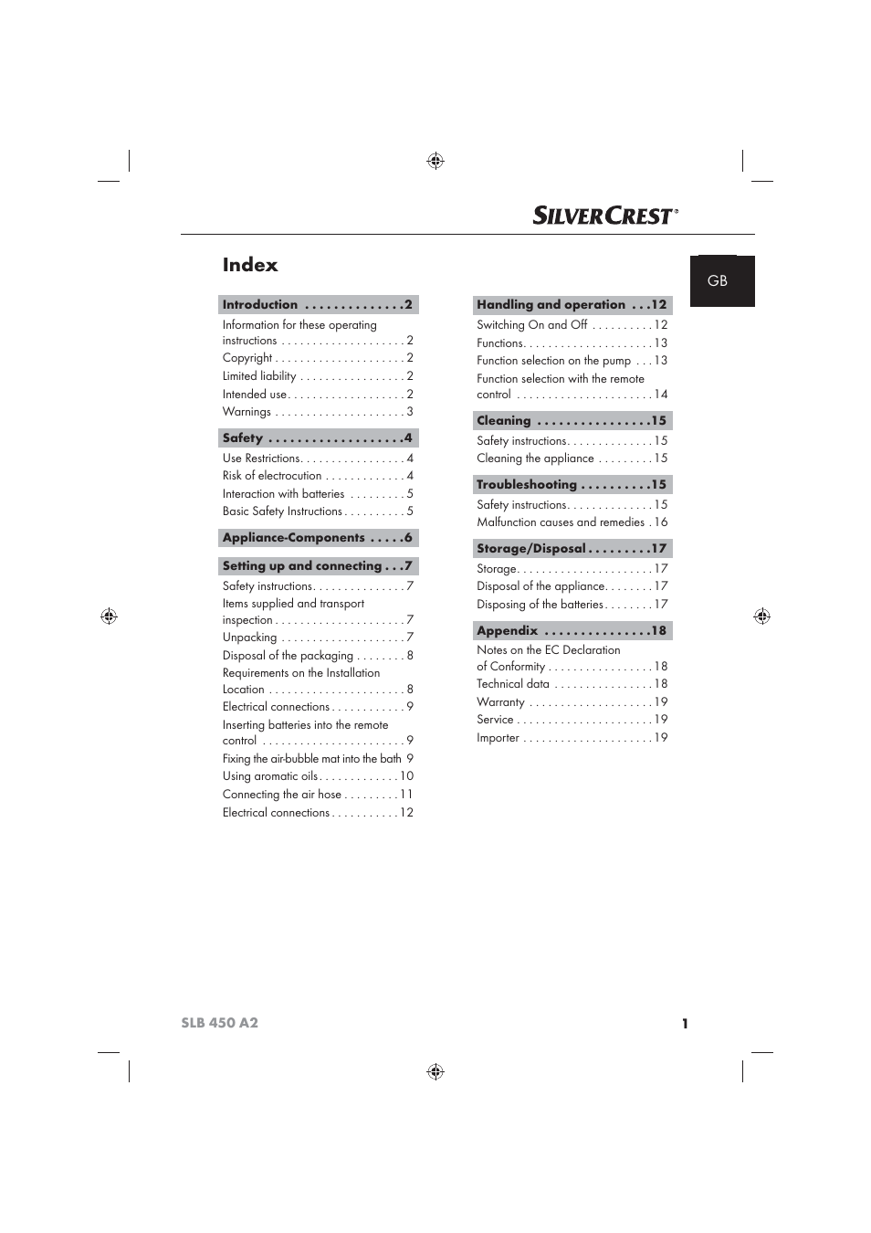 Index | Silvercrest SLB 450 A2 User Manual | Page 3 / 122