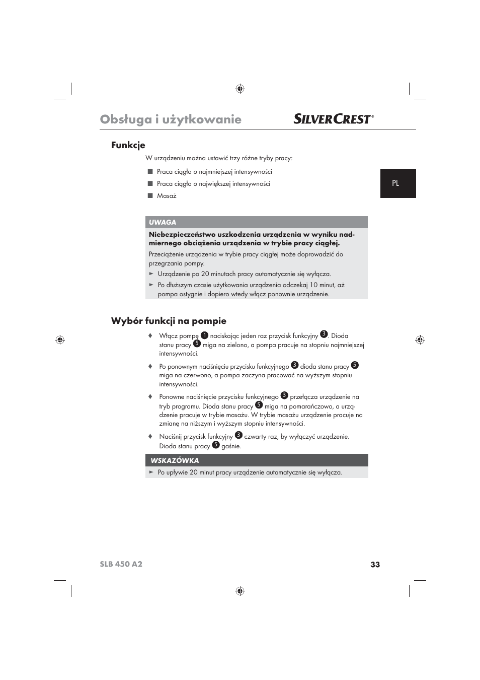 Obsługa i użytkowanie, Funkcje, Wybór funkcji na pompie | Silvercrest SLB 450 A2 User Manual | Page 35 / 122