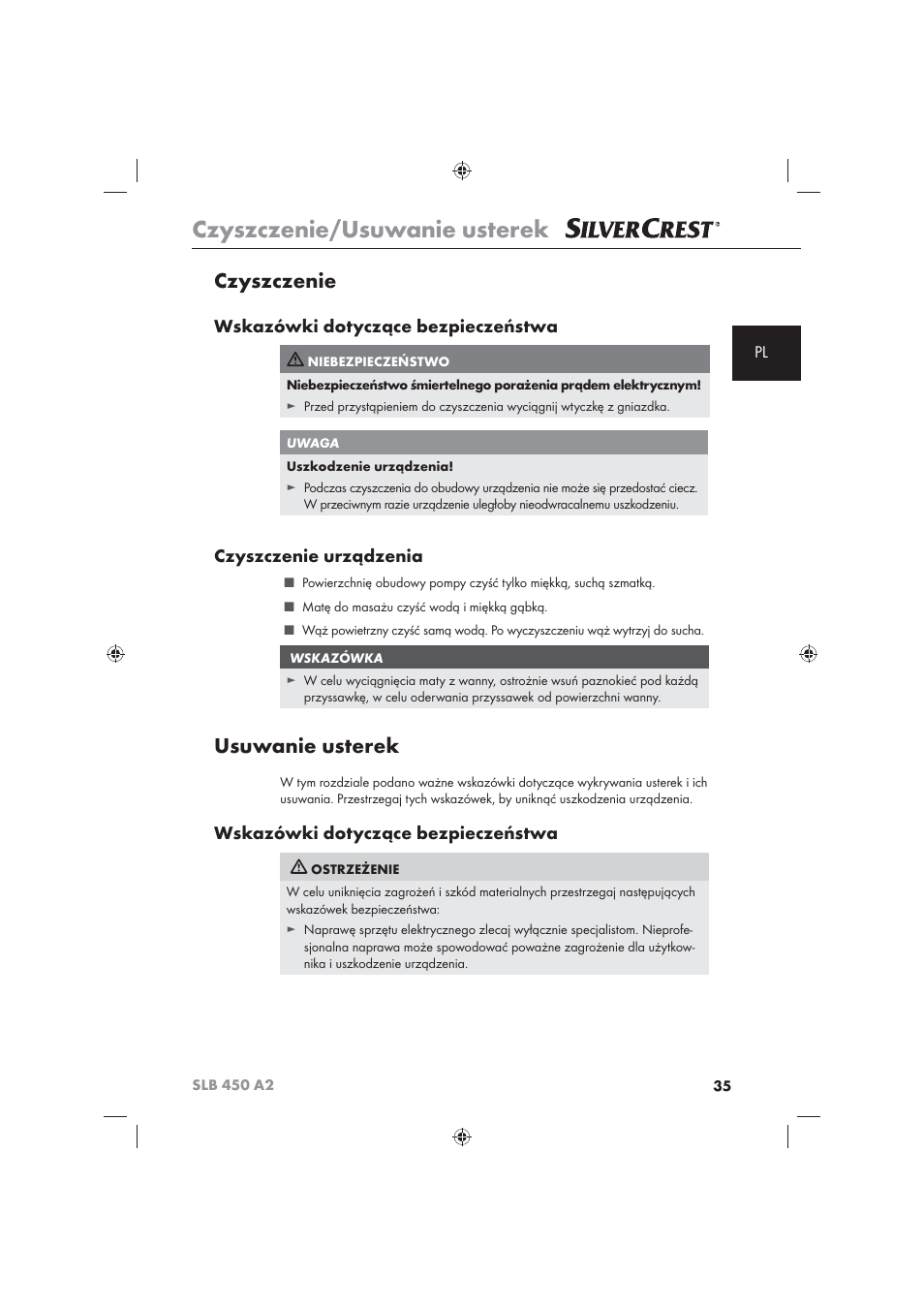 Czyszczenie/usuwanie usterek, Czyszczenie, Usuwanie usterek | Wskazówki dotyczące bezpieczeństwa, Czyszczenie urządzenia | Silvercrest SLB 450 A2 User Manual | Page 37 / 122