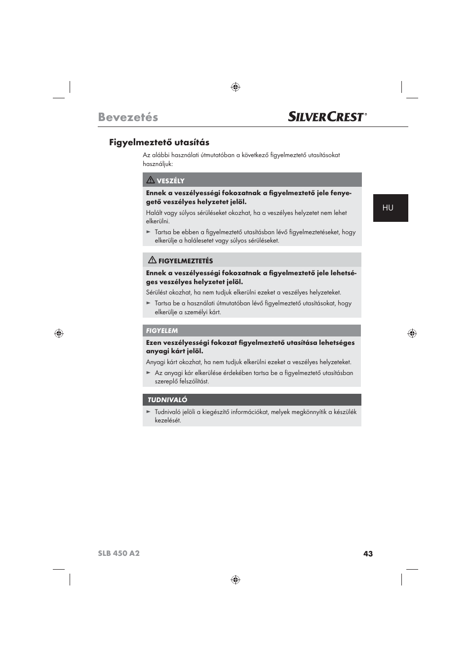 Bevezetés, Figyelmeztető utasítás | Silvercrest SLB 450 A2 User Manual | Page 45 / 122