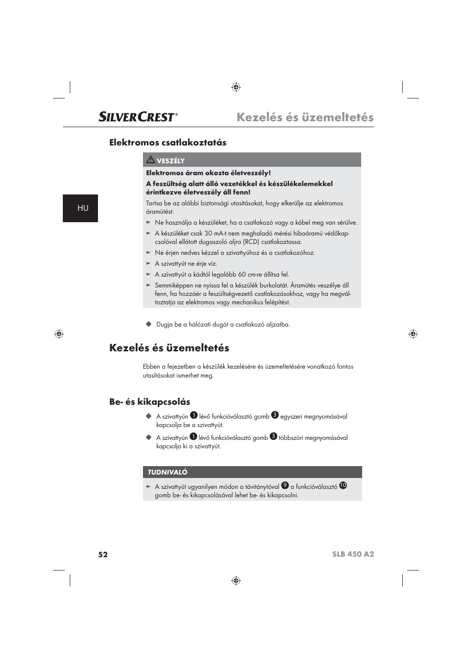 Kezelés és üzemeltetés, Elektromos csatlakoztatás, Be- és kikapcsolás | Silvercrest SLB 450 A2 User Manual | Page 54 / 122