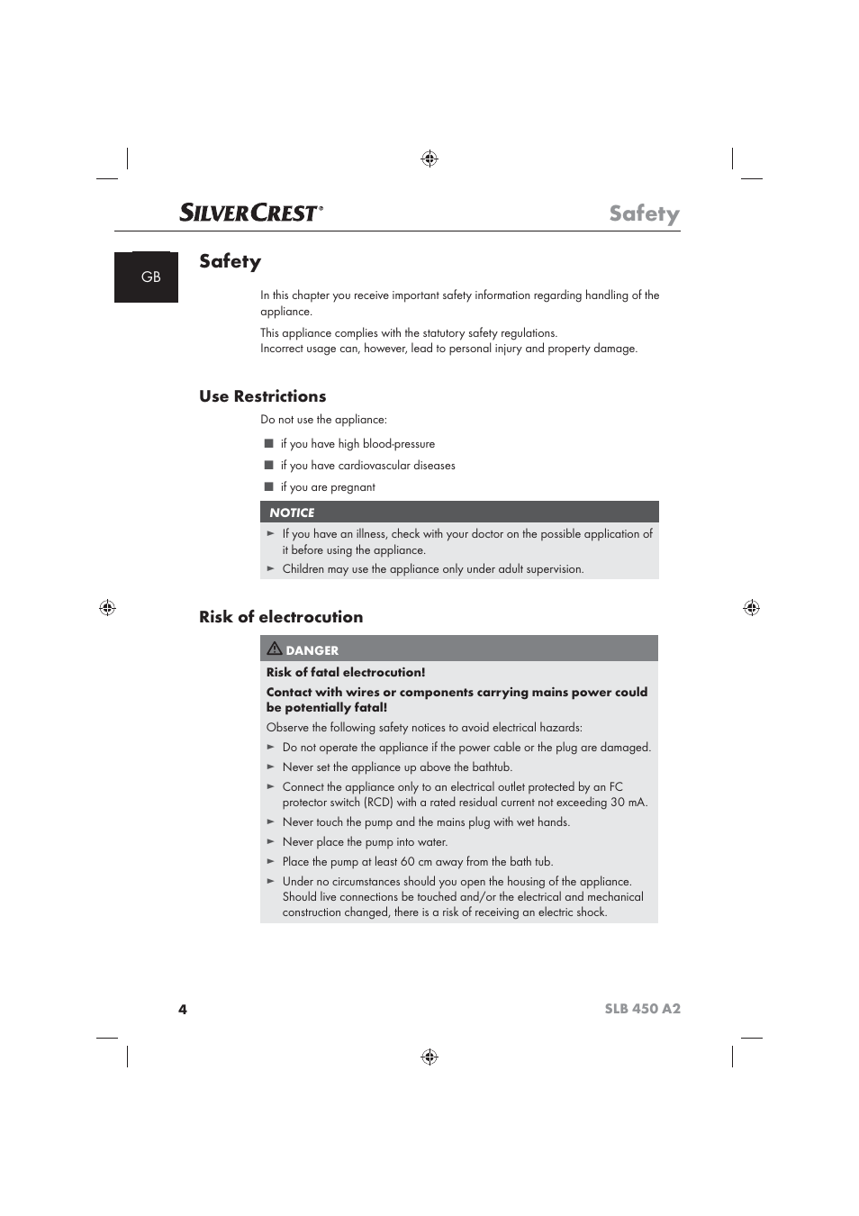 Safety, Use restrictions, Risk of electrocution | Silvercrest SLB 450 A2 User Manual | Page 6 / 122